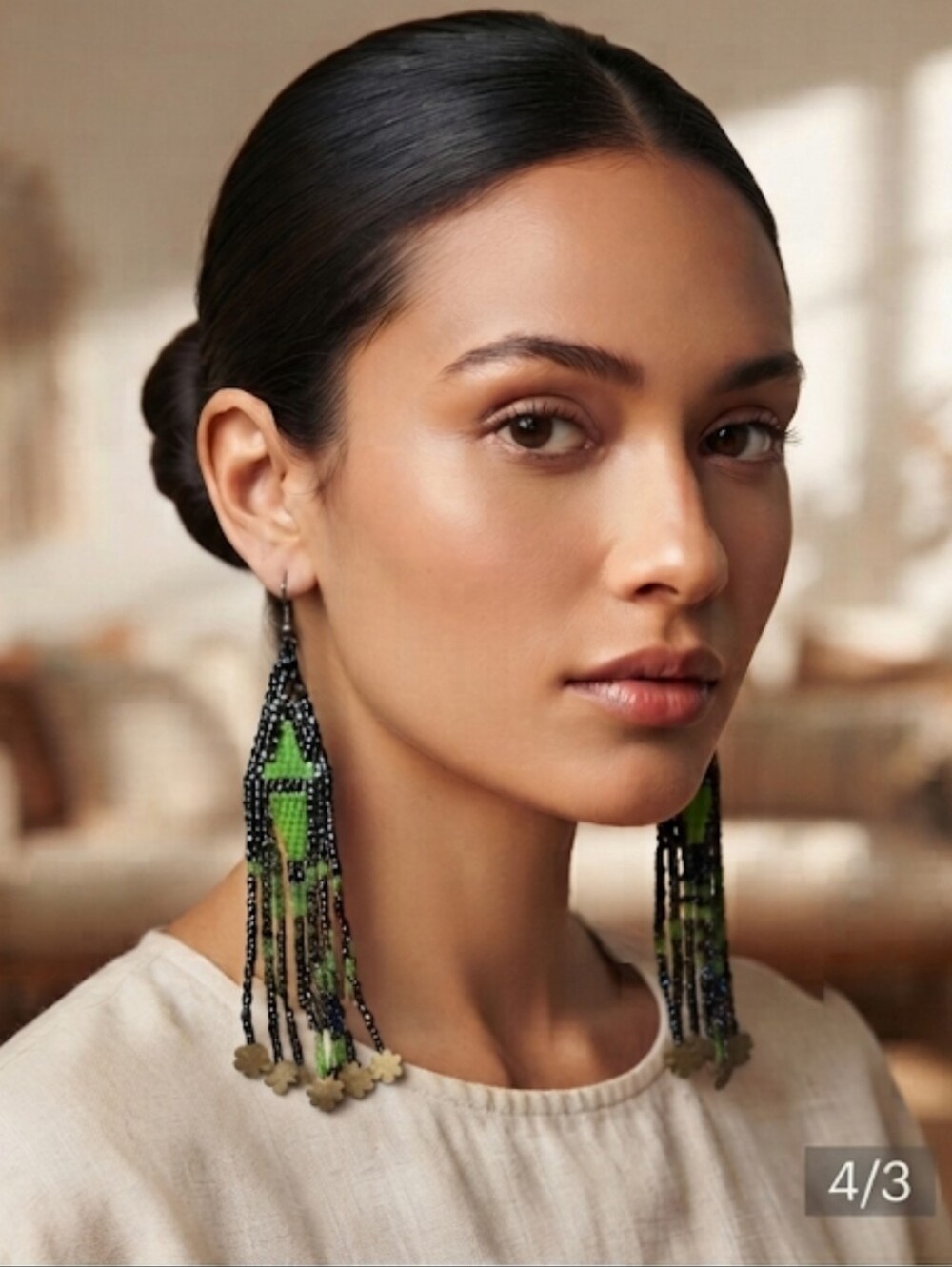 Boho Green Black Seed Bead Tassle Fringe Pierced Earrings Boho Festival Tribal